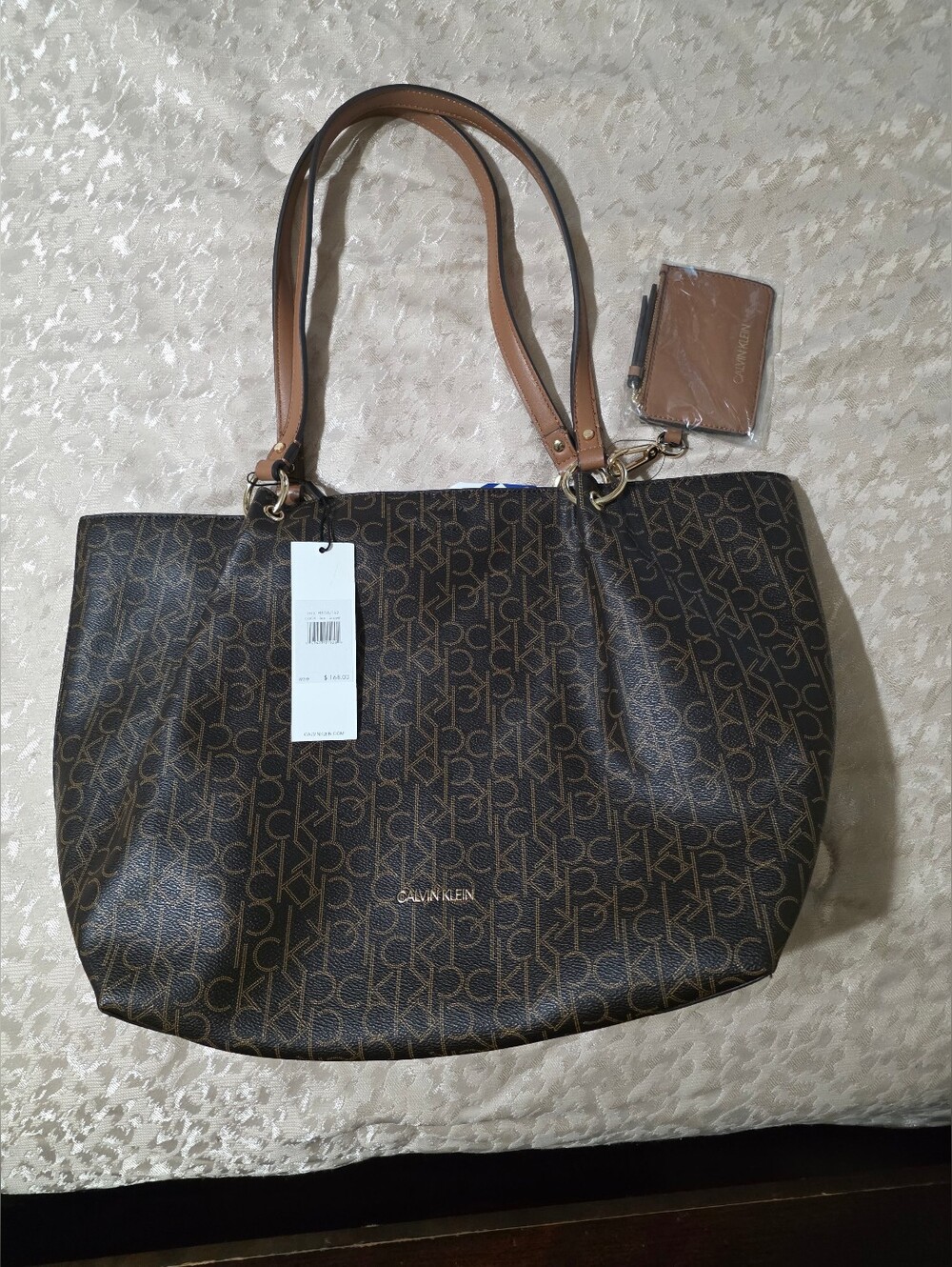 Calvin Klein Dark Brown Monogram Tote with Tan Trim